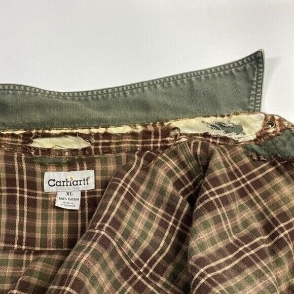 Vintage Carhartt Green Flannel Lined Snap Button Up Canvas Shirt Size XL Grunge - Picture 8 of 12